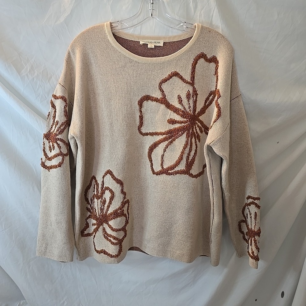Cactus + Pearl Women's Sweater 3D Floral Motif Cream/brown Sz L Boho-chic Knit